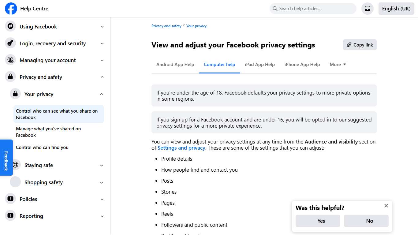 View and adjust your Facebook privacy settings Facebook Help Centre